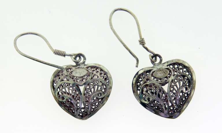 Vintage Sterling Silver Filigree Heart Dangle Earrings