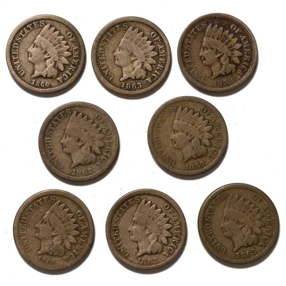 2 Each 1859 60 62 &63 CN Indian Head Cents