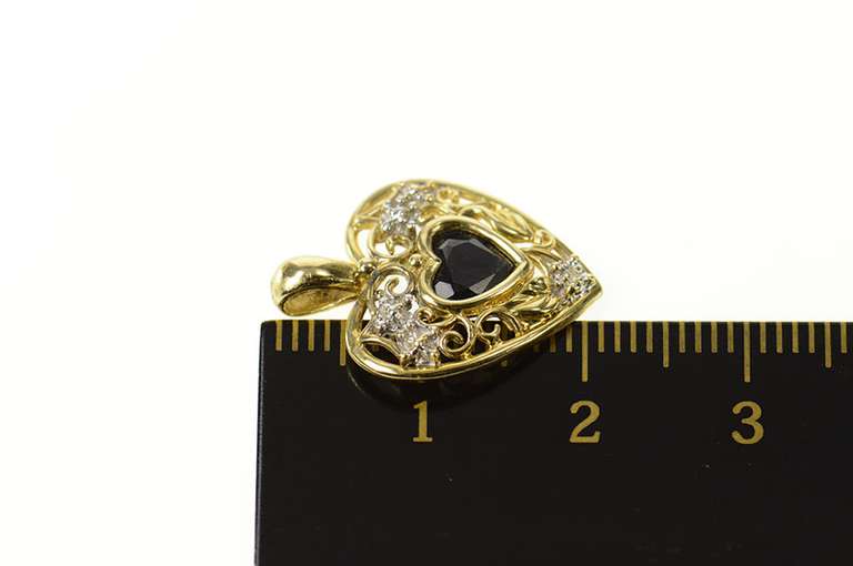 10K Yellow Gold Heart Sapphire Diamond Accent Filigree Pendant