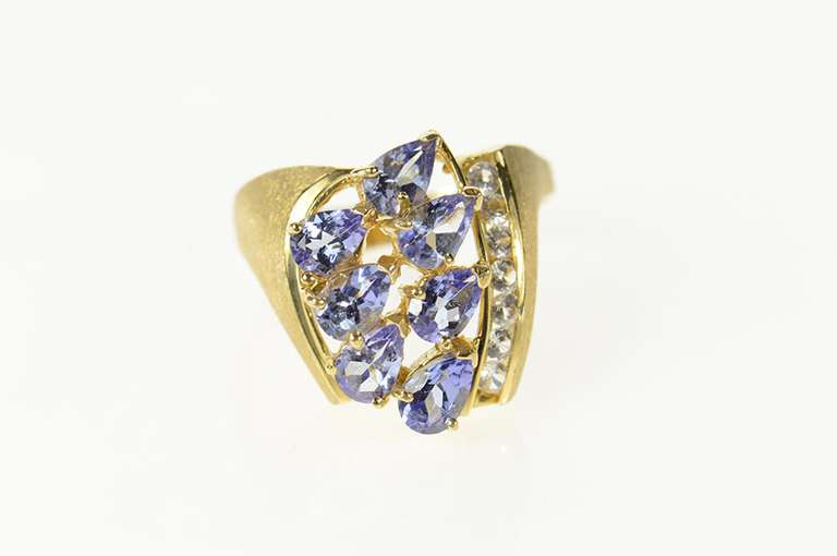 14K Yellow Gold Pear Tanzanite Cluster CZ Statement Ring