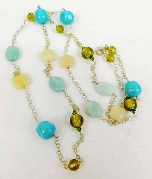 Long Sterling Gemstone & Art Glass Necklace