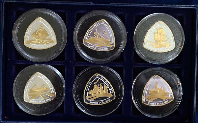 Bermuda $3 Shipwrecks Set of 6 Triangular Silver Proof Gilded coins