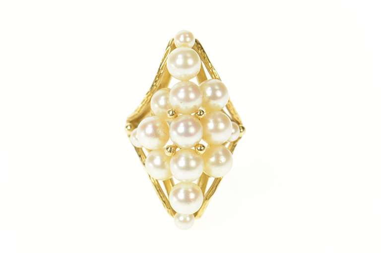 14K Yellow Gold Marquise Pearl Cluster Retro Cocktail Ring