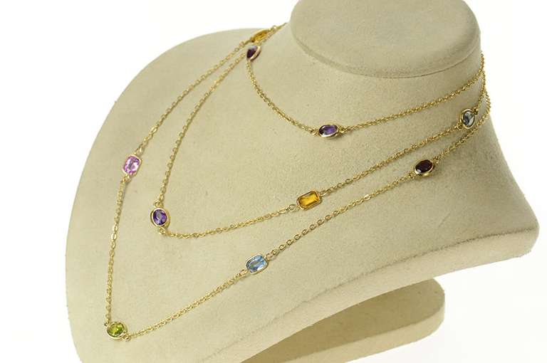 14K Yellow Gold By the Yard Garnet Topaz Amethyst Chain Necklace