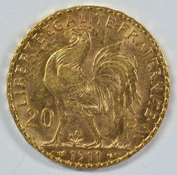 Pleasing BU 1911 France 20 Francs Gold 'Rooster' coin