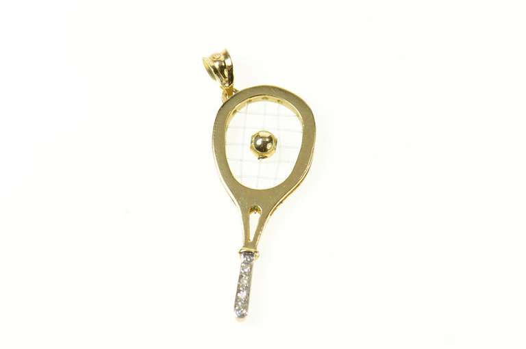 14K Yellow Gold 3D Tennis Racket Ornate Articulated Diamond Pendant