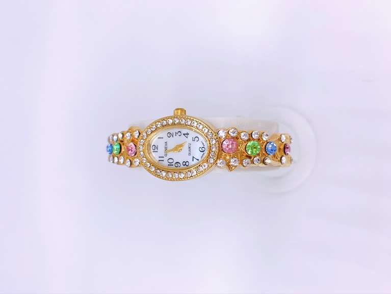 Ladies Geneva & Gemstone Cuff Watch, 18kt GP
