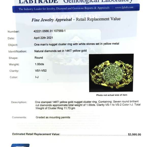 Gent's Yellow Gold Nugget 1cts Diamond Cluster Ring