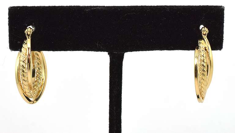 Elegant Elongated Hoop Earrings in Textured 14KT Yellow Gold