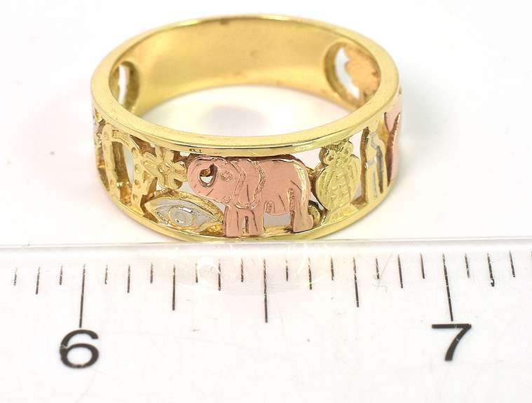 Interesting "Good Luck" Band Ring in 3-Tone 14KT Gold