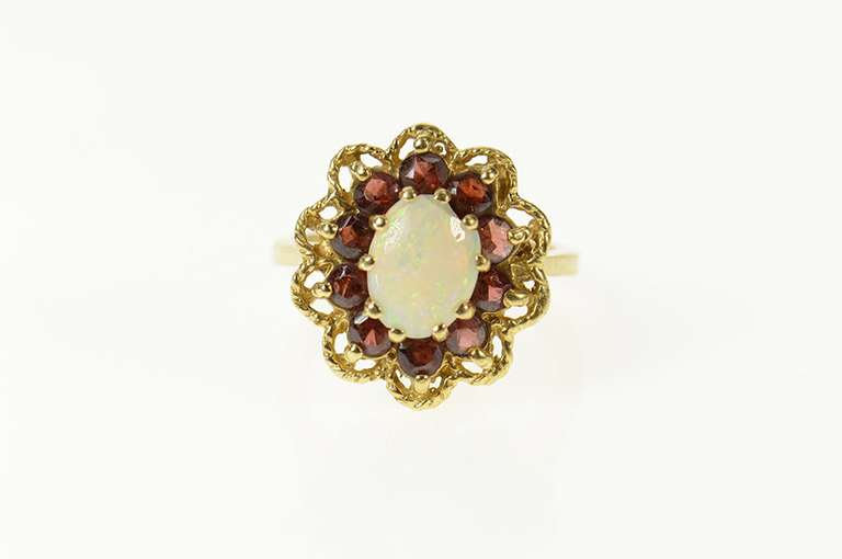 14K Yellow Gold Oval Opal Garnet Halo Statement Cocktail Ring