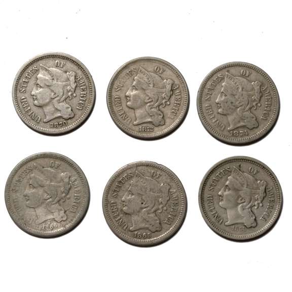 1865 66 68 70 72 74 3 Cent Nickels