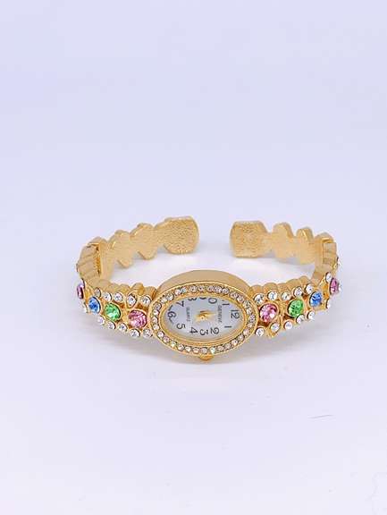 Ladies Geneva & Gemstone Cuff Watch, 18kt Gold Plated