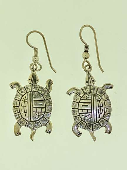 Sterling Silver PMT Signed Turtle Drop Earrings