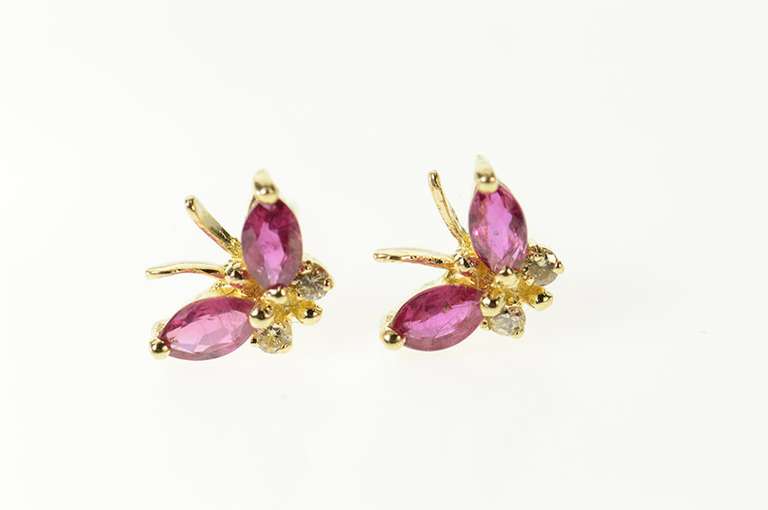 14K Yellow Gold Marquise Ruby Diamond Butterfly Stud Earrings