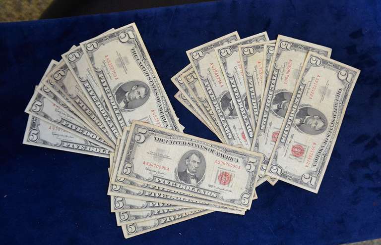 Lot OF 25 Red Seal Five Dollar Bills In Circulated Condition