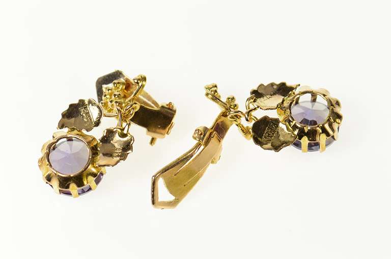 14K Yellow Gold Victorian Sim. Alexandrite Ornate Clip Dangle Earrings