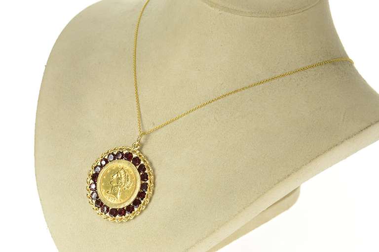 14K Yellow Gold 1907 Liberty Head $5 Garnet Halo Coin Charm/Pendant