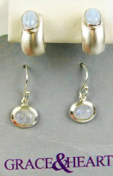 2 Pairs Sterling Moonstone Pierced Earrings