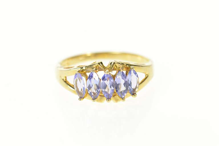 10K Yellow Gold Marquise Tanzanite Five Stone Statement Band Ring