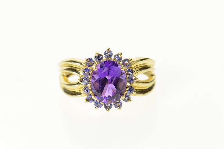10K Yellow Gold Oval Amethyst Tanzanite Halo Statement Ring