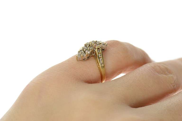 14K Yellow Gold Classic Diamond Cluster Statement Bypass Ring