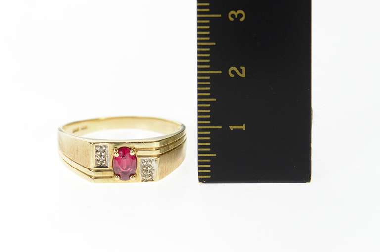 10K Yellow Gold Squared Men's Syn. Ruby Diamond Grooved Ring