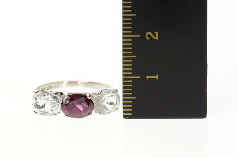 14K White Gold Three Stone Cubic Zirconia Purple Tourmaline Ring