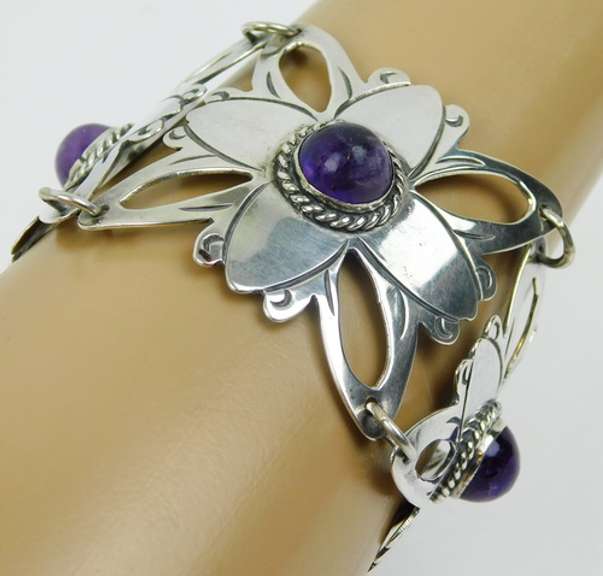 Early Wide Mexican Silver Amethyst Bracelet