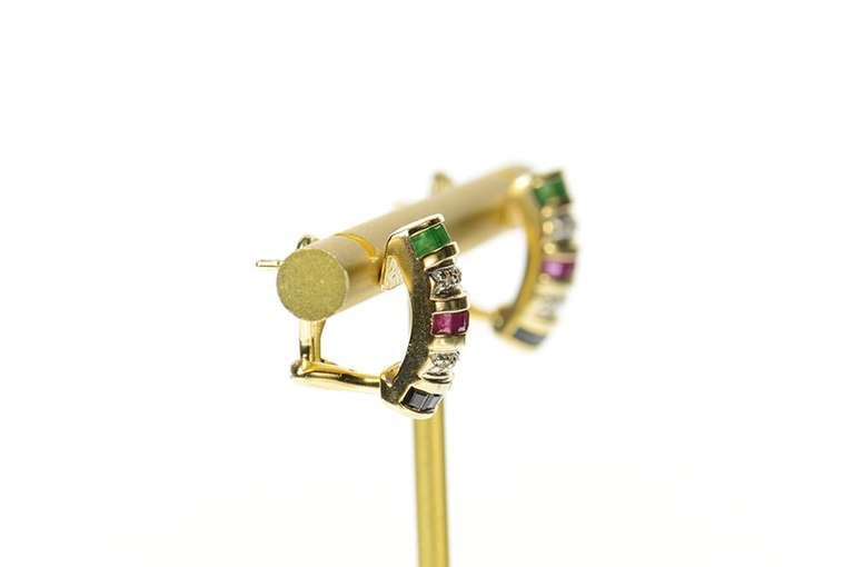 14K Yellow Gold Curved Emerald Ruby Sapphire French Clip Earrings
