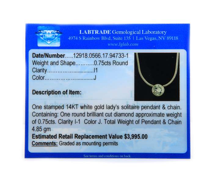 Stunning 14kt WG Diamond Solitaire Pendant Necklace