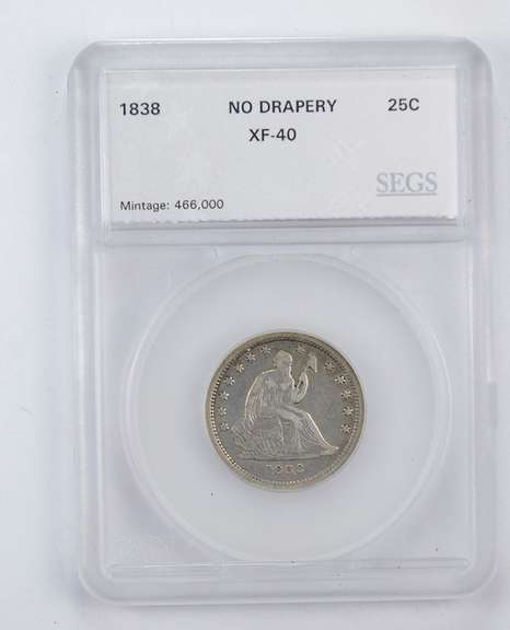 XF40 1838 Seated Liberty Quarter - No Drapery - Graded by SEGS