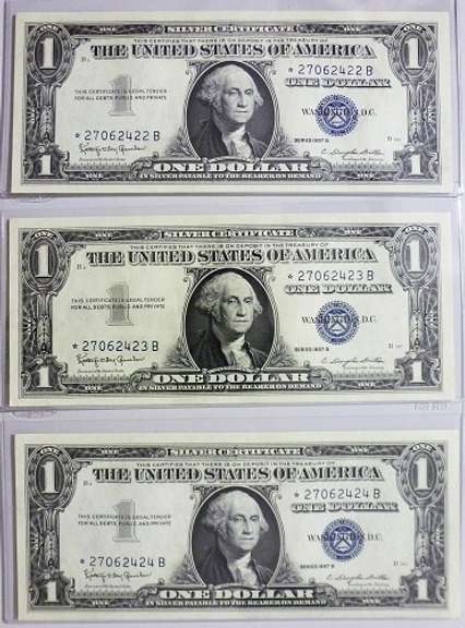 3 - Gem Crisp 1957B $1 Star Replacement Silver Certificates-Consecutive!