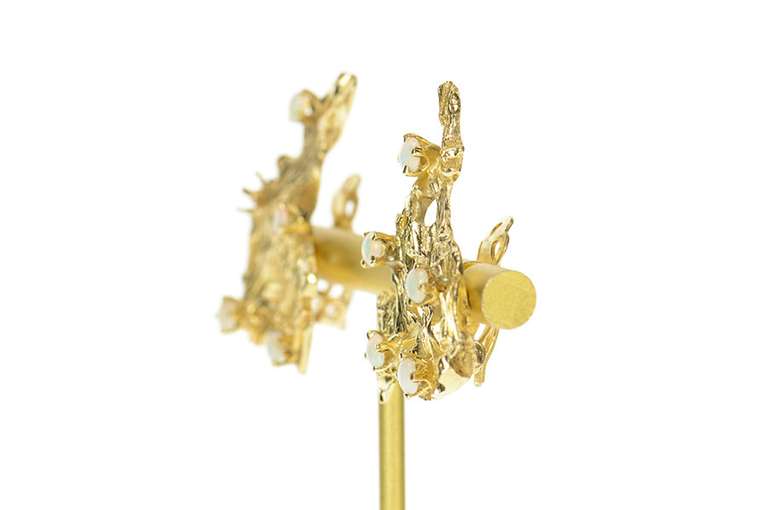 14K Yellow Gold Retro Opal Brutalist Abstract Clip Back Earrings