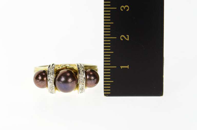 14K Yellow Gold Three Stone Burgundy Pearl Diamond Statement Ring