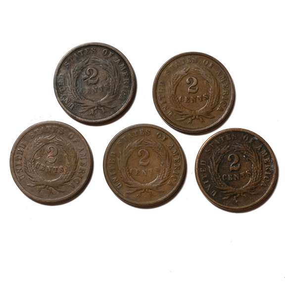 5 Assorted 1864 -66  2 Cent Pieces