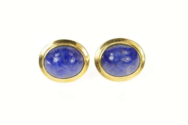 14K Yellow Gold Round Lapis Lazuli Cabochon Statement Earrings