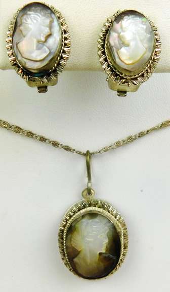 Early 800 Silver Carved Shell Cameo Necklace & Earrings