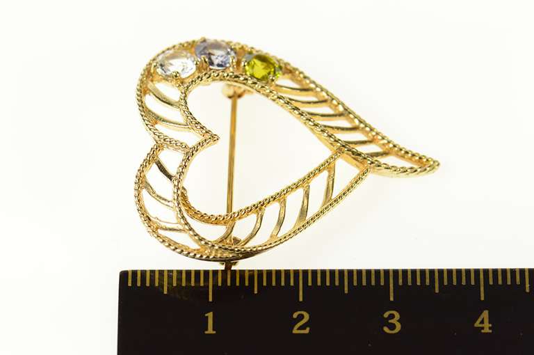 14K Yellow Gold 1960's Retro Topaz CZ Peridot Striped Heart Pendant