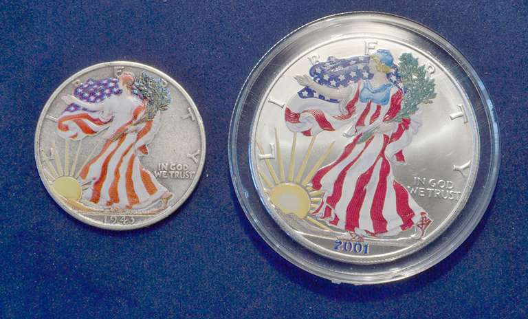 Lot Of 2 Colorized Coins 1 Silver Eagle 2001 & 1943 Walking Liberty Half