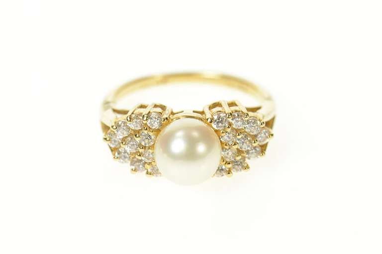 14K Yellow Gold Pearl Ornate Cluster Classic Statement Ring