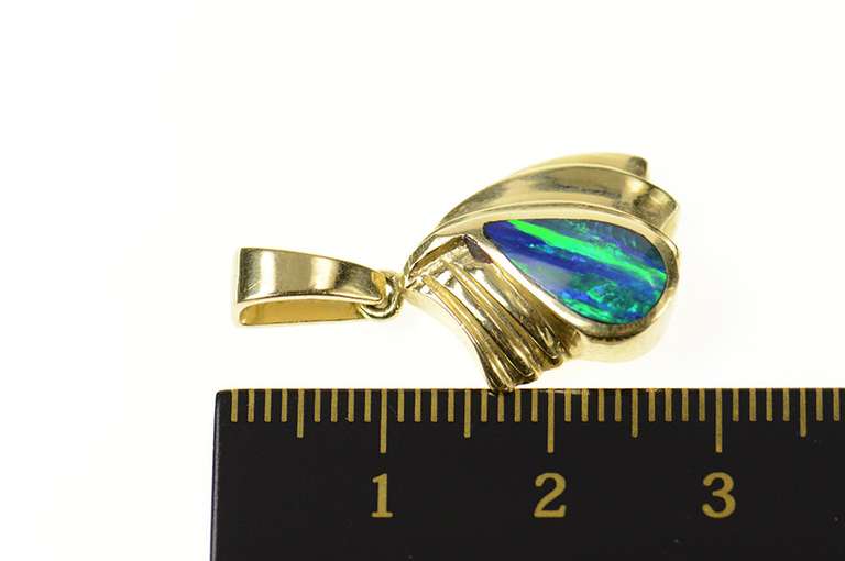 14K Yellow Gold Pear Black Opal Inlay Grooved Statement Pendant
