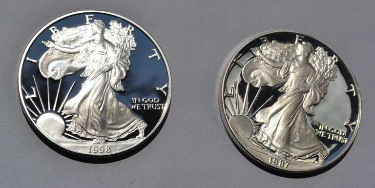1987 S & 1998 Silver Eagles With Box Paper