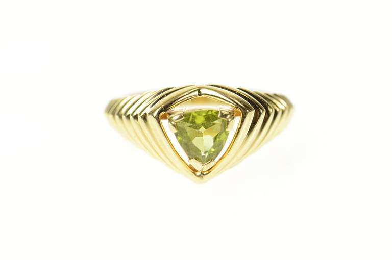 10K Yellow Gold Trillion Peridot Grooved Design Statement Ring