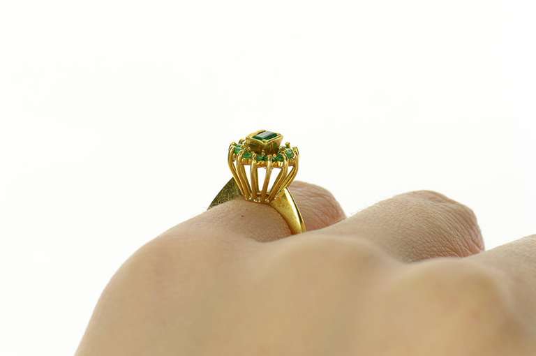 18K Yellow Gold Natural Emerald Halo Retro Statement Cocktail Ring