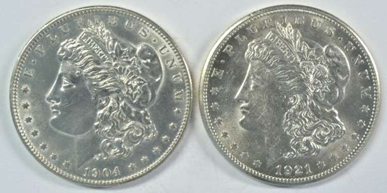 Lustrous BU 1904-O and 1921-S Morgan Silver Dollars
