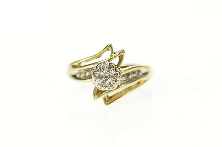 10K Yellow Gold Round Diamond Cluster Bypass Statement Ring