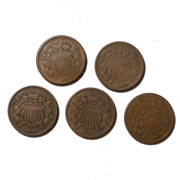 5 Assorted 1864 65 68 2 Cent Pieces