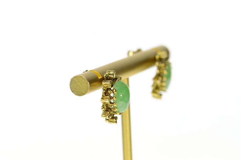 14K Yellow Gold Victorian Ornate Oval Jade Cabochon Stud Earrings