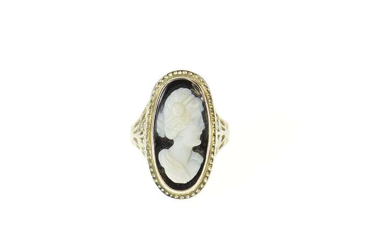 14K White Gold Art Deco Ornate Filigree Carved Onyx Cameo Ring
